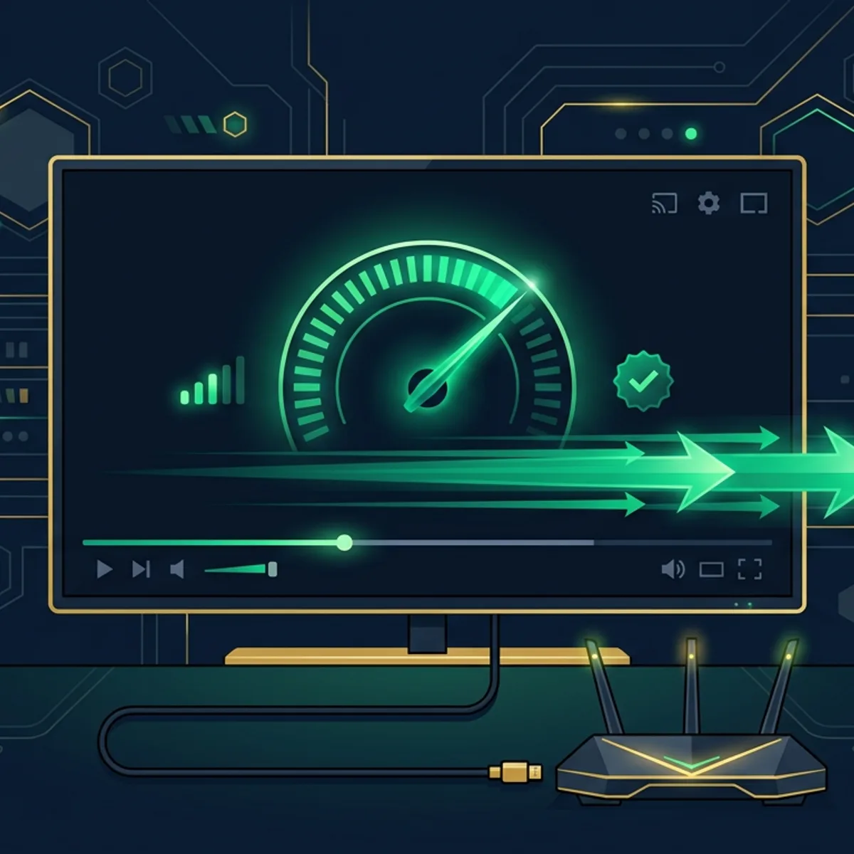 Televisor con interfaz de streaming, velocímetro de velocidad y router conectado por cable