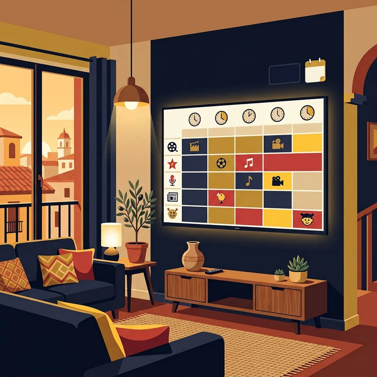 Pantalla de televisión mostrando la parrilla de programación EPG con reloj y calendario