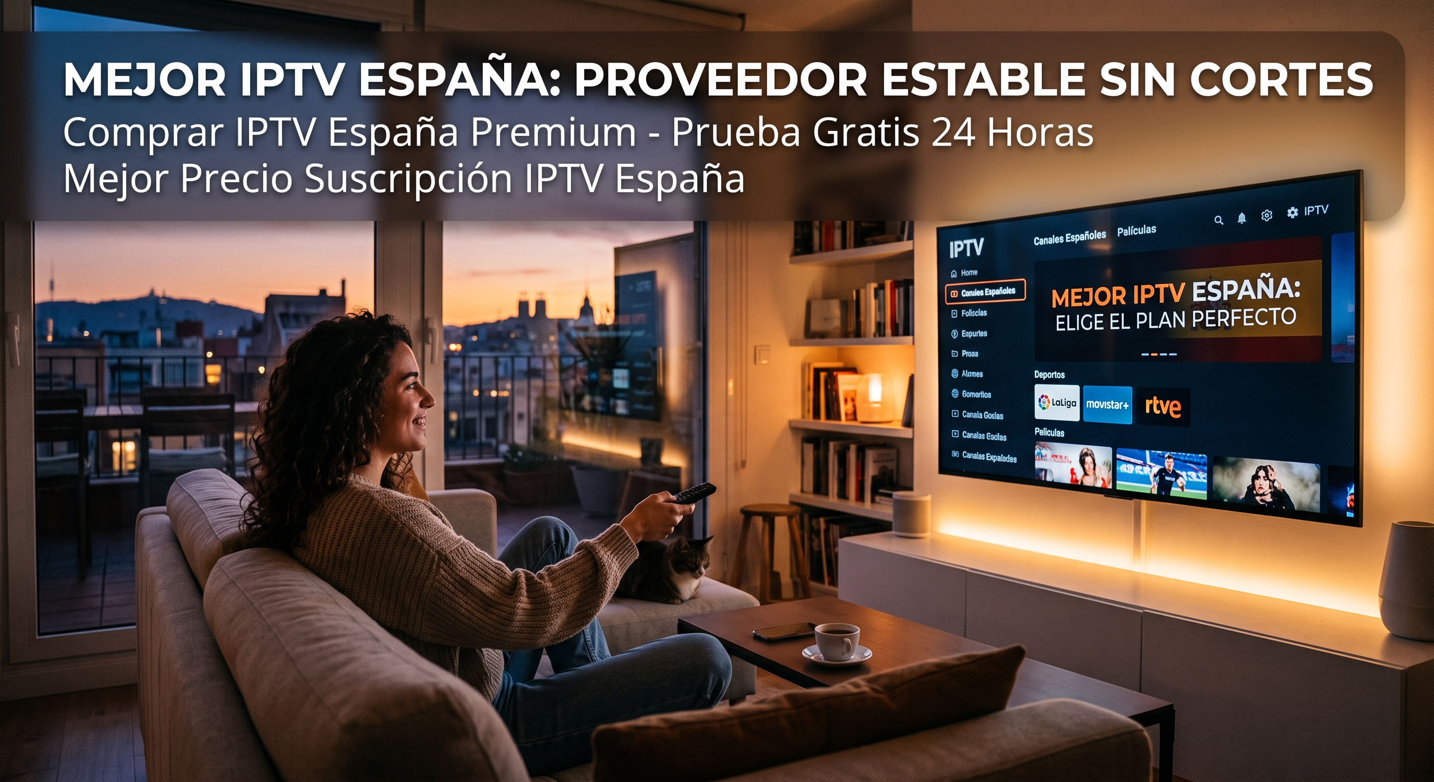 IPTV barato en España 2026 con servicio estable y sin cortes Mujer viendo IPTV España en un televisor con canales españoles
