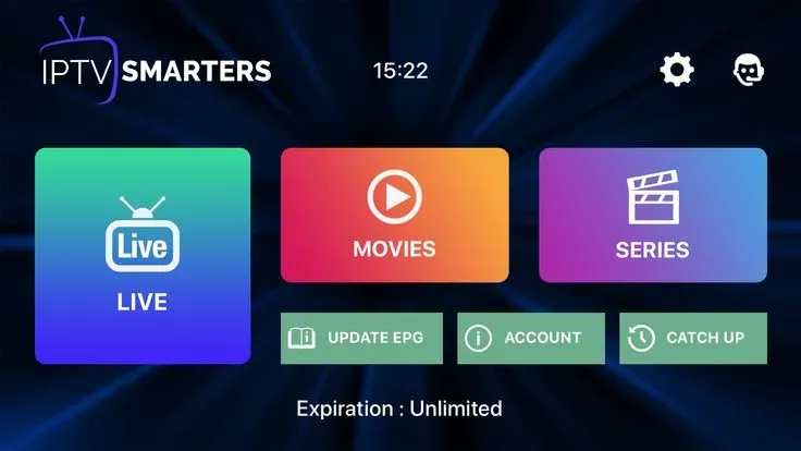 Interfaz de IPTV Smarters Pro con Live, Movies y Series