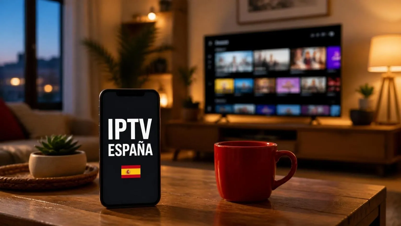 Suscripción IPTV España mensual en un smartphone junto a una Smart TV