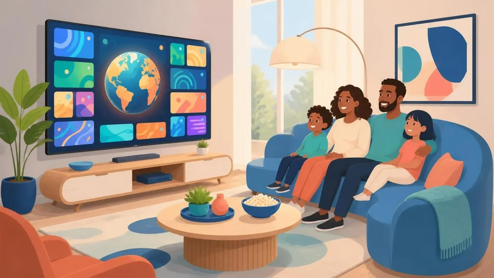 Familia viendo televisión IPTV en una Smart TV