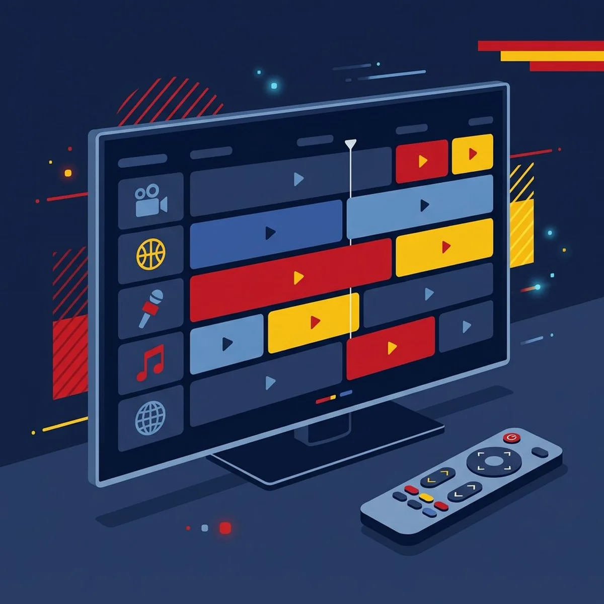 Televisor mostrando la guía de programas de TiviMate con mando a distancia