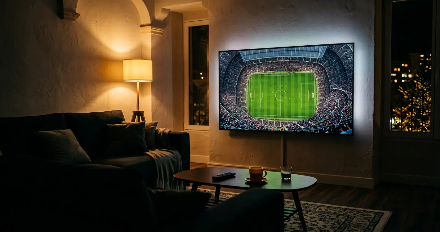 Salón con televisor mostrando un partido de LaLiga en 4K y mando a distancia