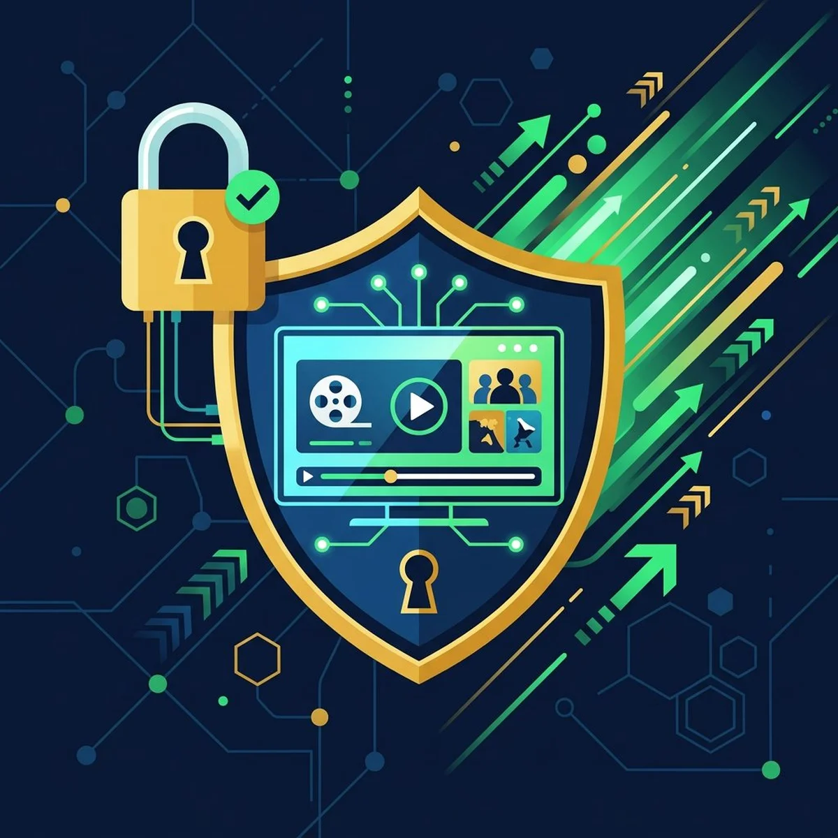 Escudo de seguridad protegiendo un televisor con streaming de películas